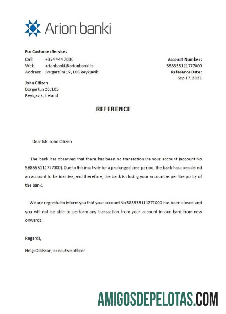 Referência de fechamento do Banco Arion da Islândia exemplo